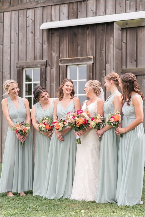 Sage Green Wedding With Bright Flowers, Finger Foods For The Beach, Sage Green Bridesmaid Dresses Bright Flowers, Pale Green Bridesmaid Dresses, Bridesmaid Dresses Fuschia, Sage Green Bridesmaids, Fuschia Bridesmaid Dresses, Bright Pink Wedding, Mum Wedding