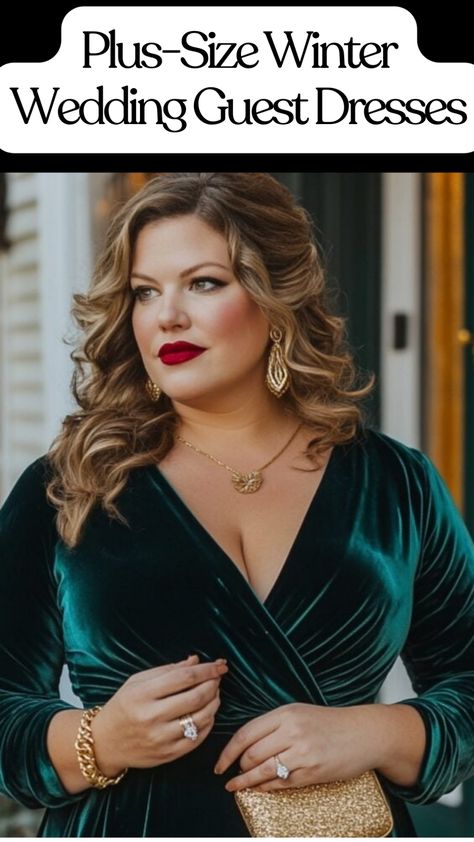 A plus-size velvet wrap dress in emerald green, paired with gold jewelry and a clutch for a winter wedding guest. Winter Wedding Guest Outfit Formal, Plus Size Formal Dresses For Wedding Guest, Guest Wardrobe, Winter Wedding Guest Dresses, Winter Wedding Guest, Plus Size Evening Gown, Plus Size Wedding Guest Dresses, Winter Wedding Guest Dress, Winter Wedding Guests