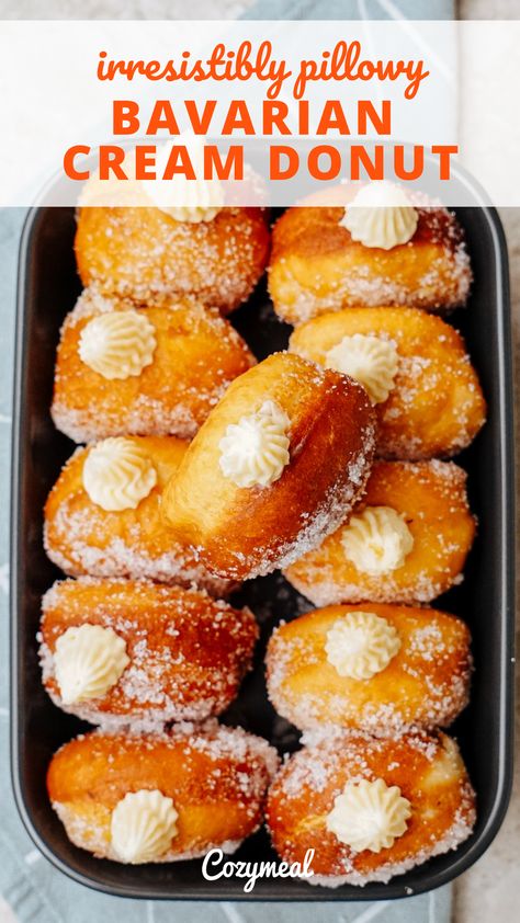 Bavarian Cream Donut, Bavarian Cream Donut Recipe, Berliner Recipe, Cream Donut Recipe, Cream Filled Donuts, Doughnut Recipes, Cream Donut, Christmas Trifle, Homemade Donuts Recipe