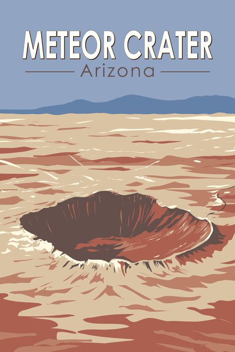 Retro-style poster of Meteor Crater, Arizona, showcasing its extraordinary impact site and the power of nature. Meteor Crater Arizona, Crater Drawing, Crater Illustration, Crater Arizona, Porta Penne, Meteor Crater, Arizona Adventure, Impact Crater, Disc Design