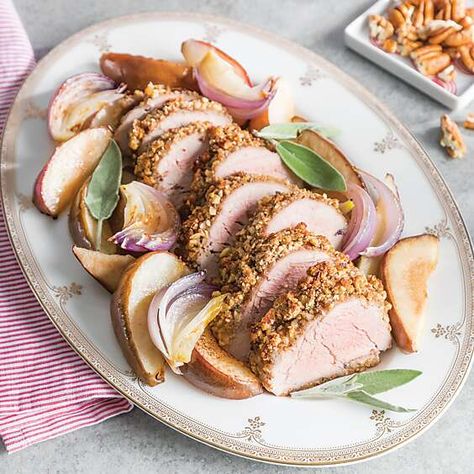 Pecan-Crusted Pork Tenderloin with Pears Pear Stuffed Pork Loin, Pecan Crusted Pork Tenderloin, Sugared Pecans, Stuffed Pork Tenderloin, Meat Pie, No Cook Desserts, Southern Cooking, Pork Tenderloin, Chopped Pecans