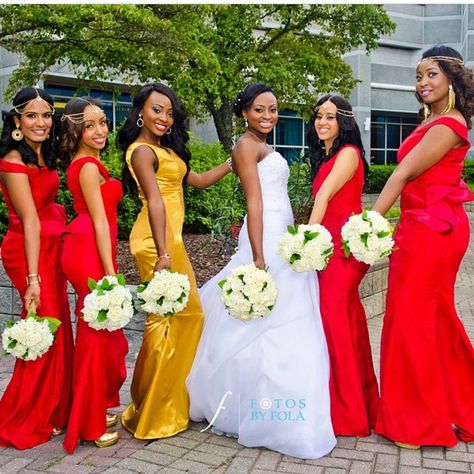 Nigerian Wedding | Red and Gold | Photos by Fotos by Fola Bridesmaid Dresses Traditional, Beauty And Beast Wedding, African Traditional Wedding, Dresses Traditional, White Bridesmaid, Gold Wedding Theme, White Bridesmaid Dresses, Gold Bridesmaids, Nigerian Wedding