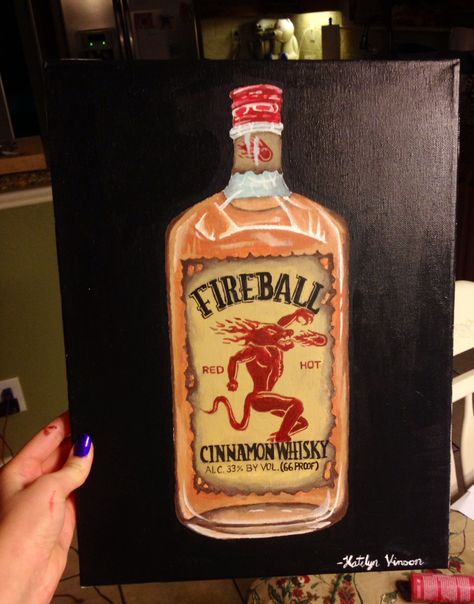 I painted a fireball whiskey bottle Alcohol Canvas Painting, Fireball Painting, Fireball Bottle, Fireball Drinks, Fireball Shot, Alcohol Painting, Fireball Whiskey, Frat Coolers, Bottle Drawing