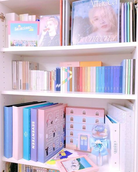 Kpop Albums Shelf, Pastel Apartment, Anime Room, Room Shelves, Seventeen Album, Cozy Room Decor, Aesthetic Rooms, Cozy Room, Room Ideas Bedroom