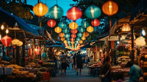 Lantern-Lit Night Market: A vibrant night market bustling with activity under the warm glow of colorful hanging lanterns. #lanterns #market #night #colorful #lights #street #culture #vendors #aiart #aiphoto #stockcake https://ayr.app/l/5Zdp Korean Night Market, Night Market Aesthetic, Shanghai Night, Hub Design, City Lights At Night, Food Kiosk, Market Lighting, Market Stands, Asian Street Food