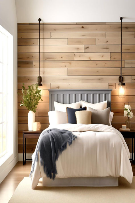 A cozy bedroom setting with a wooden plank accent wall, creating a calming and natural ambiance. Bedroom Decor Wood Wall, Bedroom Master Feature Walls, Bedroom Wood Accent Wall Ideas, Wooden Wall Behind Bed, Natural Wood Accent Wall Bedroom, Wood Behind Bed, Wood Wall Bedroom Ideas, Wooden Feature Wall Bedroom, Wood Plank Wall Bedroom