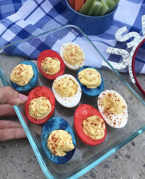 Blue Deviled Eggs, Patriotic Appetizers, Blue Party Foods, Pinwheel Sugar Cookies, Feta Bites, Peeling Hard Boiled Eggs, Making Hard Boiled Eggs, Deviled Eggs Easy, Layered Desserts