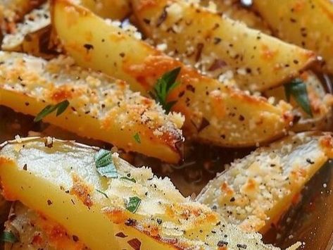 Crispy Baked Garlic Parmesan Potato Wedges: A Comfort Food Classic! Baked Garlic Parmesan Potato Wedges, Garlic Parmesan Potato Wedges, Yummy Potatoes, Parmesan Ranch, Baked Apple Fritters, Recipes Potatoes, Devil Eggs, Baked Potato Wedges, Parmesan Potato Wedges