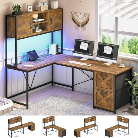 The l-shaped office desk can be changed into a long double desk as you need. The 86.6-inch - length size allows two people to work side by side without compromising on space. L shaped desk with 2 drawers for legal files, letter files, or A4 files. The top hutch offers ample storage space for books, files, and other supplies, which reduces the clutter on the desktop and adds enough space for storage and organization the home office desk. Our charging station includes 4 outlets and 2 USB Ports to L Shaped Desk With Drawers, Corner Gaming Desk, Desk With Led Lights, L Shaped Office Desk, Double Desk, Corner Computer Desk, Shaped Desk, Fabric Drawers, Brown Style