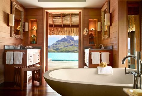 Bathroom in Bora Bora [706 x 481] - Imgur Bora Bora Hotels, Bora Bora Vacation, Four Seasons Bora Bora, Bora Bora Honeymoon, Bora Bora Resorts, Water Bungalow, Bawah Air, Best Honeymoon Destinations, Honeymoon Suite