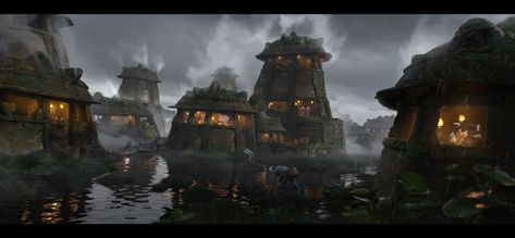 ArtStation - Onsen Village, Robin Tran Scifi Village, Star Wars Village, River Village Concept Art, Sea Village Concept Art, Ocean Village Fantasy Art, Pirate Island Concept Art, Fishing Villages Concept Art, Fishing Village Concept Art, Fairytale Kingdom