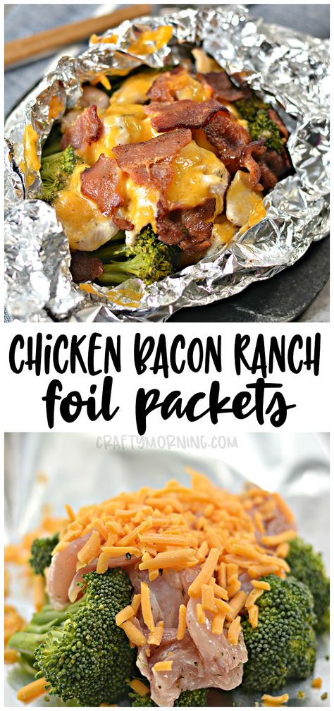 Make some chicken bacon ranch foil packets! These are so easy and fast to make for a dinner idea. Chicken breasts, bacon, cheese, and brocolli yum!! Easy dinner idea for kids and families. Aluminum foil dinner meal. Chicken Bacon Ranch Foil Packets, Aluminum Foil Dinners, Dinner Idea Chicken, Ziti Al Forno, Chicken Bacon Recipes, Foil Pack Dinners, Foil Packet Dinners, Foil Pack Meals, Foil Dinners