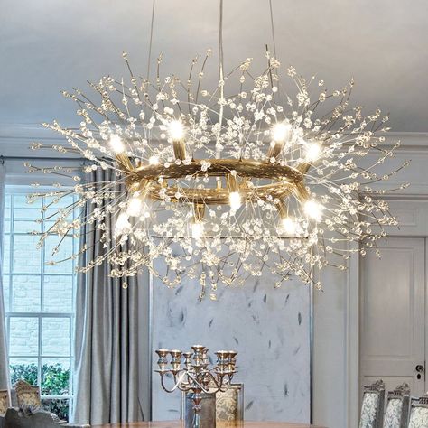 Statement Chandelier Entryway, Modern Crystal Chandelier Dining Rooms, Dining Light Fixtures Farmhouse, Duplex Bedroom, Chandelier For Entryway, Modern Gold Kitchen, Firework Chandelier, Chandelier Round, Glam Dining