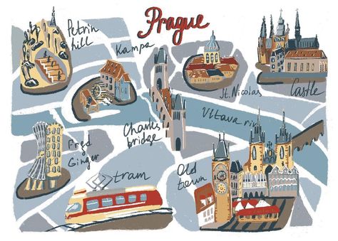 Prague Map, Maps Illustration, City Maps Illustration, Castle Illustration, Prague City, Europe 2024, Travel Art Journal, Prague Travel, Map Illustration