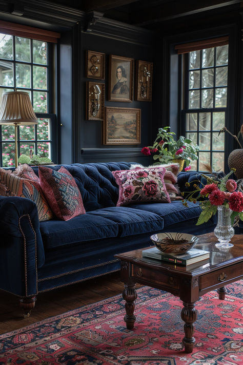 old money living room, dark living room, antique living room Moody Blue Living Room, Old English Living Room, Scottish Cabin, Old Money Decor, Old Money Home Decor, Old Money Home, Old Money Interior Design, Old Money Interior, Sala Vintage