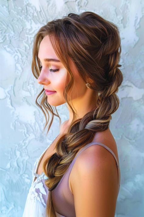 Side Braid Wavy Hair, Haircut Ideas Brown Hair, Side Swept Hair, Ponytail Hairstyle Ideas, Side Swept Updo, Prom Hairstyle Ideas, Grad Hair, Side Swept Braid, Prom Braid