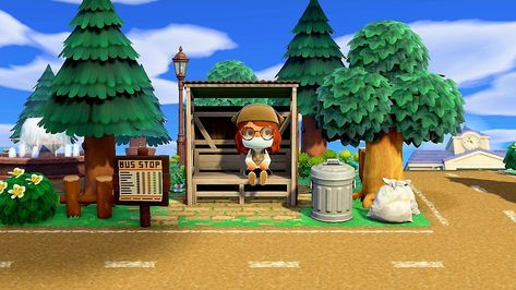 Acnh Retro Transportation Stop, Animal Crossing Bus Stop, Acnh Bus Stop, Acnh Retro, Acnh Rooms, Retro Bus, Acnh Inspiration, Town Ideas, Spotted Animals