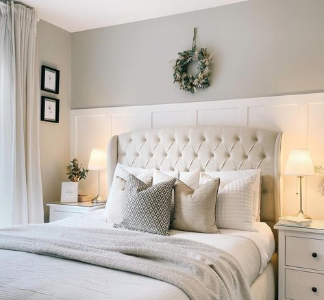 Bedroom painted in farrow and ball corn forth white, with pure white panelling. the bed has an upholstered headboard, and neutral curtains at the windows. Bedroom Parents, Roses Bedroom, Bedroom Panelling, Glamour Bedroom, Neutral Bedroom Decor, Bedroom Renovation, Bedroom Panel, Redecorate Bedroom, Spare Bedroom