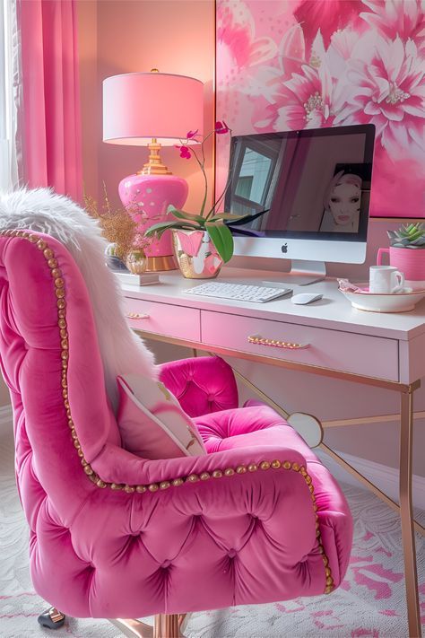 Pink Office Furniture, Hot Pink Office Decor, Pink And Gold Office Ideas, Bright Office Decor, Pink Office Aesthetic, Hot Pink Office, Pink Office Ideas, Office Feminine, Pink Home Office