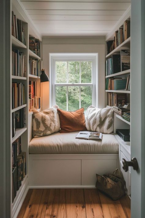 Transform unused nooks and crannies into functional spaces. Turn a corner into a reading nook, a hallway into a home office, or a tiny alcove into extra storage. 📚🛠✨ #SmallSpaceHacks #HomeDecor #CreativeLiving #NookDesign Tiny Reading Nook, A Reading Nook, Small Space Hacks, Window Seat Design, Corner Nook, Nooks And Crannies, Library Organization, Cozy Reading Corners, Reading Chair