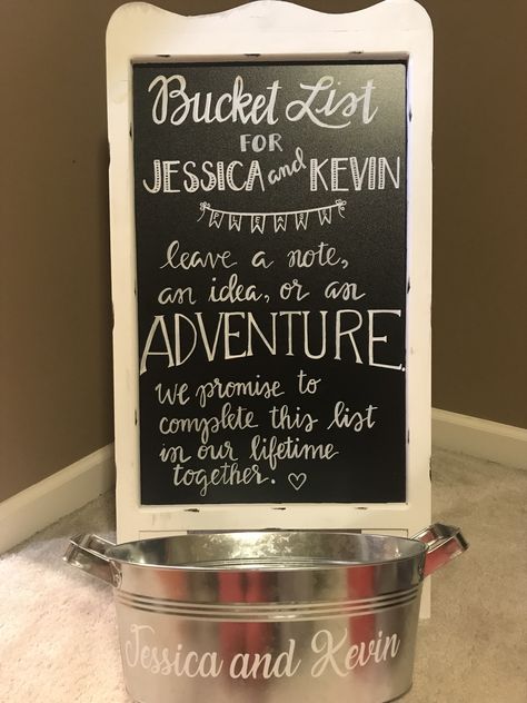 I made it! Travel themed bridal shower bucket list. Guests fill out a card for the couple to complete. Bucket is from target ($5) with Cricut letters. Bridal Shower Bucket List, Coin Shower Ideas Wedding, Travel Bridal Shower Food, Travel Theme Bridal Shower Games, Travel Bridal Shower Ideas, Travel Themed Bridal Shower Ideas Food, Couples Wedding Shower Travel Theme, Travel Bridal Shower Games, Let The Adventure Begin Bridal Shower Theme