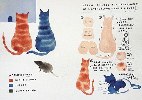 utorial Chinese Watercolor, Ink Techniques, 5 Cats, Learn Watercolor Painting, Ink Paintings, Learn Watercolor, Watercolour Inspiration, Gouache Art, Chinese Ink