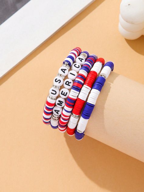 Set Of 5 American Independence Day Alphabet Sparkling Beaded Bracelets For Women, Trendy And Personalized, Suitable For Daily WearI discovered amazing products on SHEIN.com, come check them out! Birthday Party Crafts, Beaded Flats, Clay Jewelry Diy, Birthday Party Gift, Rhinestone Bead, Polymer Clay Beads, Clay Beads, Beaded Pendant, Polymer Clay Jewelry