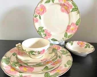 Franciscan Desert Rose Dishes Made in California Circa 1953-1958 - Etsy Desert Rose Dishes, Cream Plates, Franciscan Desert Rose, Desert Rose, Hand Decorated, Dinner Plate, Green Leaves, Dinner Plates, Pink Roses