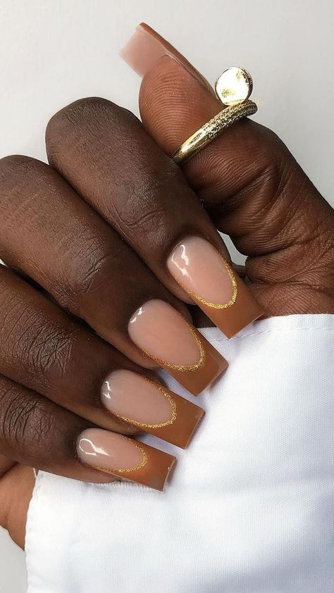 15 Neutral French Manicure Ideas, From Cream to Chocolate Chocolate French Nails, Elegant Fall Nails Square, Brown And Gold French Tip Nails, Brown French Tip With Gold, French Tip Base Color, Fall French Manicure Ideas, Burgundy Nail Tips, Brown Nails On Black Women, Tan And Gold Nails