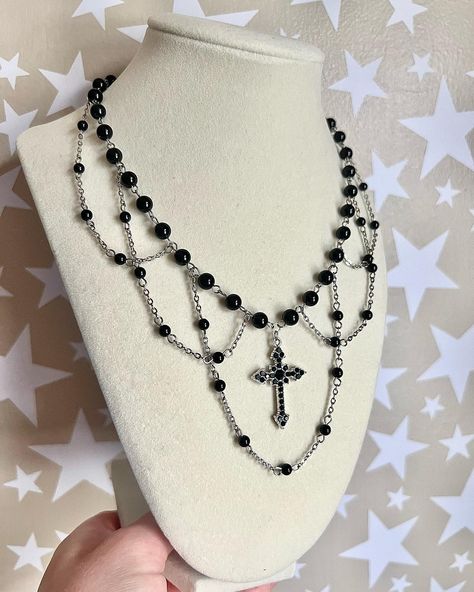 ‘Grim Reaper’ Necklace made with black onyx beads, stainless steel findings, and stainless steel chain 20in + 2in extension chain available now, link in bio #explorepage #gothic #cross #necklace Gothic Necklace Diy, Cross Jewelry Diy, Gothic Cross Necklace, Gothic Jewelry Diy, Gothic Cross, Gothic Accessories, Beaded Cross, Diy Wire Jewelry, Goth Punk