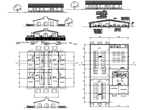 2d design drawings of cattle shade plan elevation and section dwg file that shows cattle shade area plan details along with elevation and sectional details. Roofing structure is provided at ceiling with dimension details. Farm Plans Layout Design, Show Cattle Barn, Cow Shed Design, Cattle Housing, Animal Farming, Barn Layout, Pig Showing, Farm Building, Plan Elevation