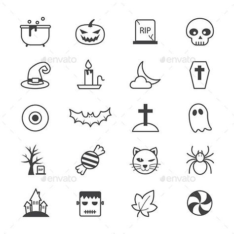 Halloween Party Icons Line by karawan | GraphicRiver Coffin Drawings Simple, Halloween Simple Drawings, Halloween Art Ideas, Art Ideas Easy, Easy Halloween Drawings, Holiday Horror, Creepy Dark, House Icon, Party Icon