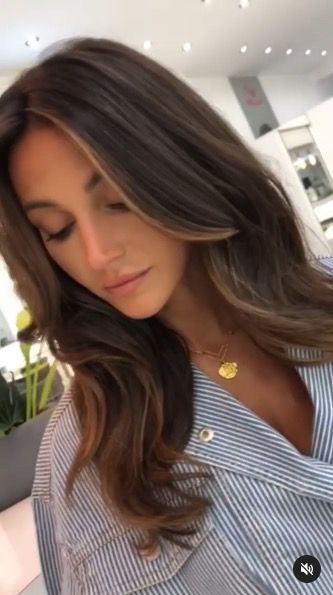 Michelle Keegan's new halo highlights are *seriously* stunning- CosmopolitanUK Michelle Keegan Hair 2023, Michelle Keegan Hair Colour, Caramel Halo Highlights, Brunette Curly Hair Balayage, Halo Balayage Brunette, Brown Balayage Hair With Bangs, Michelle Keegan Makeup, Michelle Keegan Hair Bangs, Halo Highlights Hair Brunettes