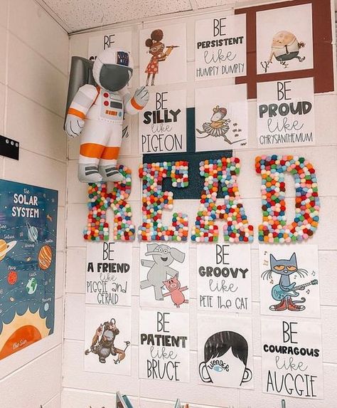 Lauren 👋🏽 LoLo Loves Learning on Instagram: "Many of you asked me about my READ wall yesterday! Here are the details…✨ Character posters from @designsbymissg in her linktree! Character quotes from @sandersinsecond Teachers Pay Teachers 🤩 Astronaut from Party City 🚀🧑‍🚀 Read wood letters were from Hobby Lobby Pom Poms were from Amazon that I hot glued on 🤍" Hobby Lobby Letters, Teacher Vision Board, Pom Pom Letters, Future Educator, Traditional Classroom, Boho Teacher, Teacher Vibes, Character Posters, First Grade Phonics