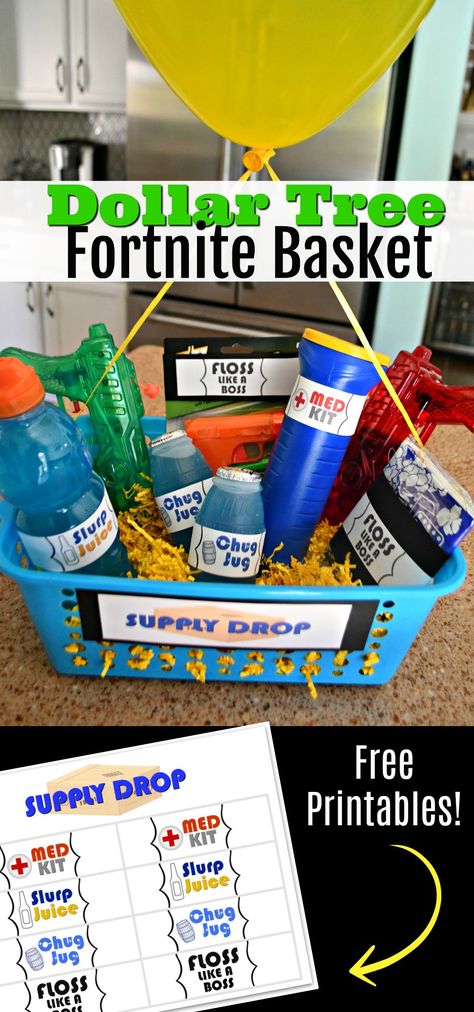 DIY Fortnite Gift Basket Filled with Dollar Tree Items (Free Printables Included) Bday Basket, Hunter Birthday, Dollar Tree Gifts, Gift Baskets For Him, Fortnite Party, Fortnite Birthday, 9th Birthday Parties, Easter Basket Diy, 10th Birthday Parties