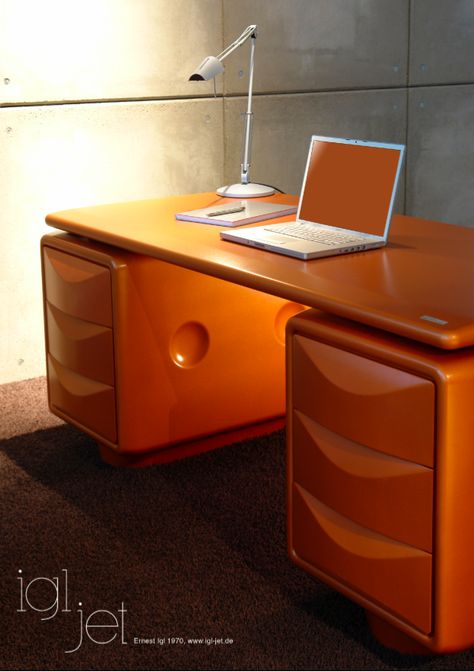 The IGL JET desk, originally designed by Ernest Igl in 1970, has been reissued in a limited edition. Work Office Decor Ideas, Retro Office Desk, Funky Desks, Orange Desk, Cool Office Desk, Nyc Rooms, Maximalist Bedroom, 70s Furniture, Desks And Chairs