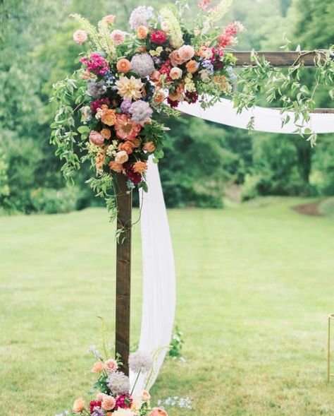 Wildflower Trellis Wedding, Chiffon Arch Wedding, Rustic Wedding Arbor Outdoor Ceremony, Wedding Arch With Wildflowers, Simple Floral Chuppah, March Wildflower, Matrimonio Pampas, Wildflower Wedding Arch, Wedding Arch With Greenery