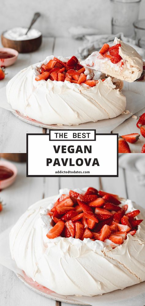 Vegan Pavlova Vegan Pavlova, Aquafaba Recipes, Whipped Coconut Cream, Vegan Meringue, Vegan Pastries, Vegan Easter, Vegan Whipped Cream, Vegan Baking Recipes, Pavlova Recipe