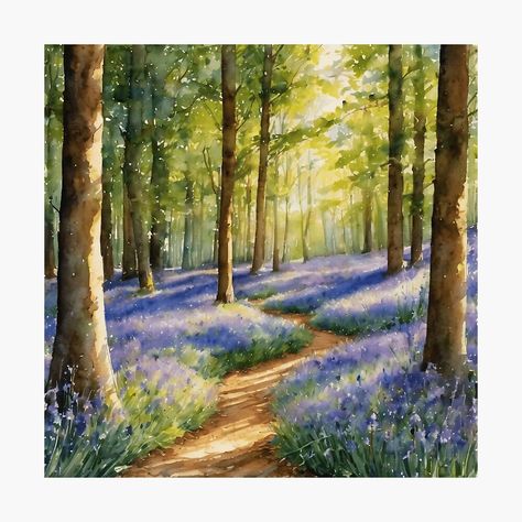 Get my art printed on awesome products. Support me at Redbubble #RBandME: https://www.redbubble.com/i/photographic-print/Watercolor-Bluebell-Woods-With-Sunlight-Streaming-Through-by-Arwen-Art/159828881.6Q0TX?asc=u Bluebell Woods Painting, Bluebell Forest, Woods Painting, Bluebell Woods, Summer Watercolor, Spring Forest, Forest Painting, Small Canvas Art, House Art