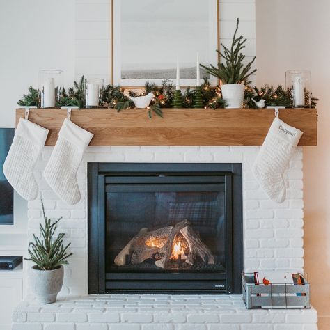 Oak Mantle, White Brick Fireplace, Oak Fireplace, Fireplace Fronts, Christmas Mantle Decor, Neutral Christmas, Christmas Fireplace Decor, Mini Tree, Christmas Mantel