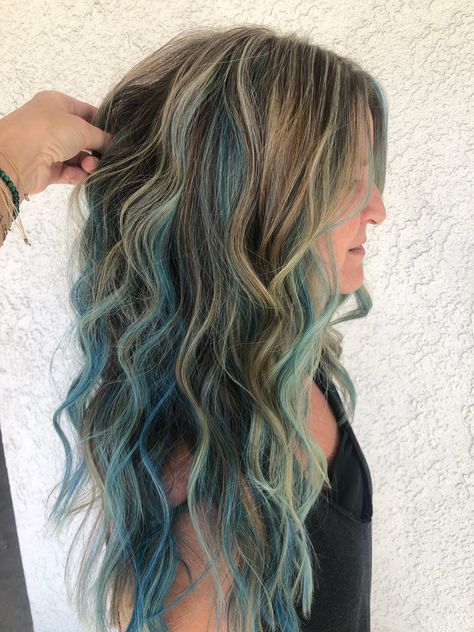 Blue Hair With Highlights Blonde, Brown Hair With Blonde And Blue Highlights, Blue Lowlights In Blonde Hair, Mint Chocolate Chip Hair, Brown Blonde And Blue Hair, Brown Hair With Turquoise Highlights, Blue Hair Streaks Blonde, Dark Blonde Hair With Blue Highlights, Teal Blonde Hair