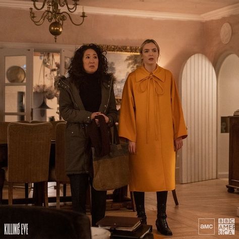 Killing Eve on Instagram: “Helping. #KillingEve” Eve And Villanelle, Killing Eve Villanelle, Eve Villanelle, Spy Shows, Late To The Party, Yellow Coat, Sandra Oh, Killing Eve, Jodie Comer