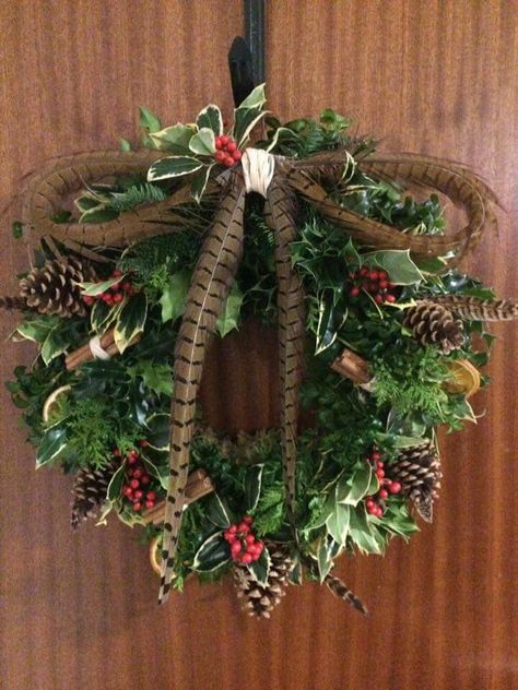 Christmas Wreaths With Feathers, Wreaths With Pheasant Feathers, Wreath With Pheasant Feathers, Pheasant Feather Decor, Ralph Lauren Christmas, Feather Wreath, Homemade Wreaths, Pheasant Feather, Little Red Hen