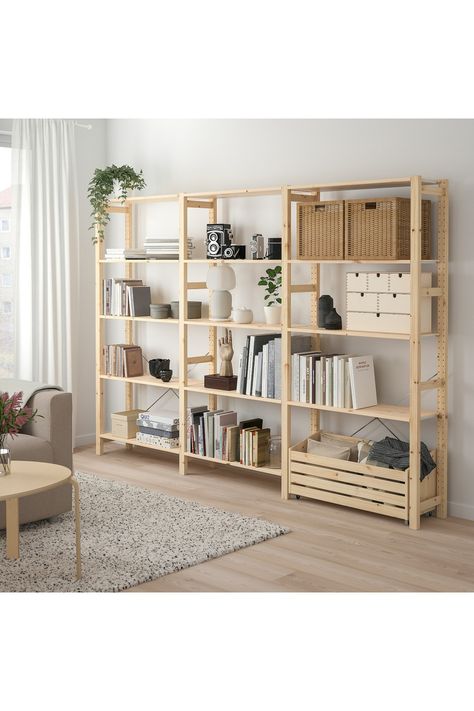 IVAR Reol med opbevaringskasse, fyr, 259x30x179 cm. Ikea Wooden Shelves, Ikea Ivar Shelves, Ivar Regal, Wood Shelving Units, Ikea Inspiration, Ikea Wood, Pine Shelves, Ikea Ivar, Ikea Shelves