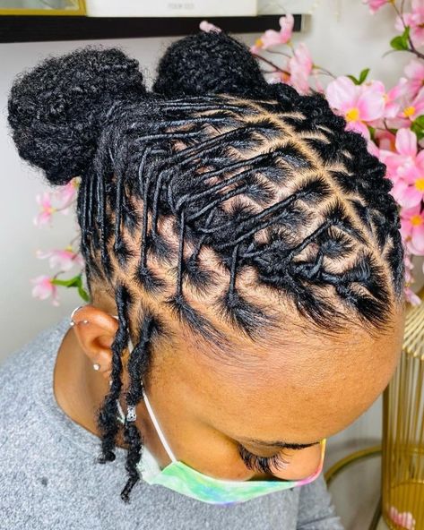 Black Dreadlocks in Pigtail Buns Female Loc Styles, Small Dreads, Dreads Styles For Women, Short Dreadlocks Styles, Loc Updo, Natural Dreadlocks, Short Locs Hairstyles, Faux Locs Hairstyles, Dreadlock Style