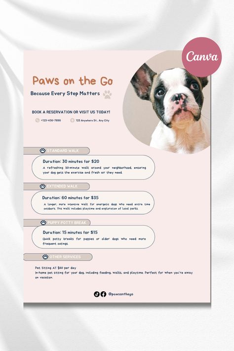 Transform your dog walking business with this customizable Canva template! Whether you're going to print your flyer or send it digitally, this versatile design offers endless possibilities and offers potential customers access in any form. Dog Walking Flyer Ideas, Pet Sitting Flyer, Dog Walking Flyer, Dog Sitting Business, Dog Walking Business, Printable Dog, Doggy Daycare, Canva Website, Older Dogs