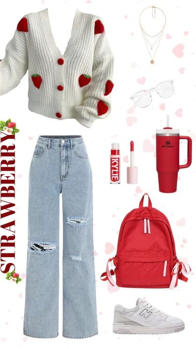 Strawberry Cardigans Strawberry Clothing Aesthetic, Strawberry Outfit Ideas, Strawberry Core Outfit, Strawberry Inspired Outfit, Strawberry Aesthetic Outfit, Strawberry Outfit Aesthetic, Cute Cozy Fall Outfits, Cute Red Outfits, Strawberry Vibes