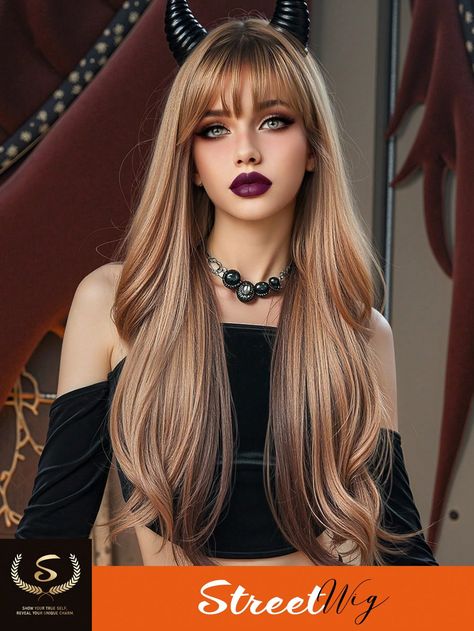 Blonde Wig With Bangs Long Wavy Blonde Mixed Brown Highlight Wig Natural Curly Synthetic Resistant Fiber Wigs For Women Daily Party Festival Use 28 Inch Multicolor    High Temperature Fiber  Bangs Wig   Wigs & Accs, size features are:Bust: ,Length: ,Sleeve Length: