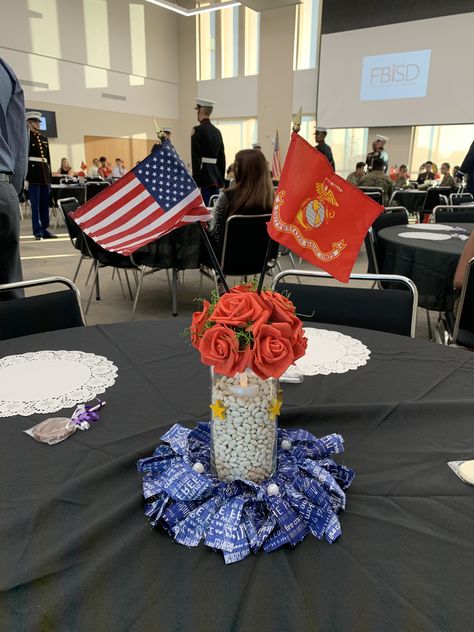 USMC Birthday Ball Centerpiece Marine Decorations Party, Us Navy Centerpiece Ideas, Us Navy Birthday, Airforce Party, Usmc Party, Navy Centerpieces, Marine Corps Graduation, Usmc Retirement, Marine Party