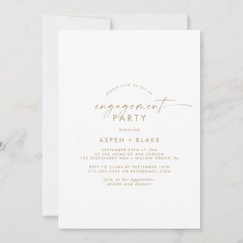 $2.92 | Modern Gold Script Engagement Party Invitation #rustic engagement party, elegant engaged, modern engagement dinner party, fancy contemporary script, minimal basic simplistic pretty glam, classy minimalist romantic boho autumn, simple monochrome whimsical handwritten, spring summer bohemian typography k500, fall winter unique industrial lettering, classic yellow gold white calligraphy Engagement Dinner Party, Elegant Engagement Party, Modern Boho Style, Housewarming Party Invitations, Engagement Dinner, Engagement Events, Retirement Party Invitations, Black And White Wedding Invitations, Lettering Typography